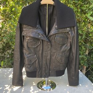 Theory Leather Jacket with Detachable Knitted Collar